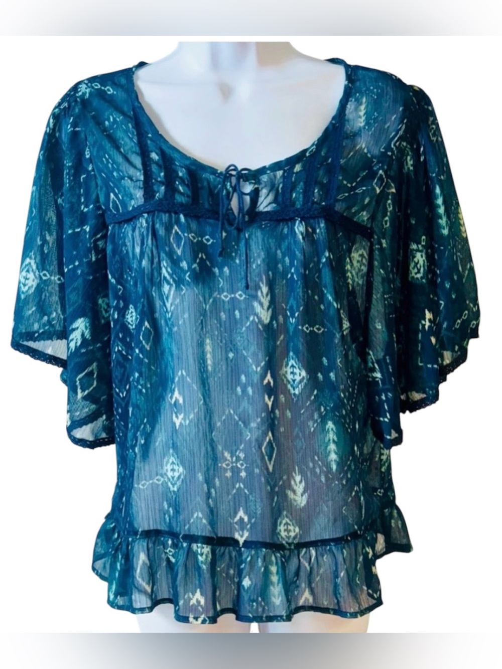 Selena Gomez Dream Out Loud Blue Sheer Lightweight Peasant‎ Blouse Sz L